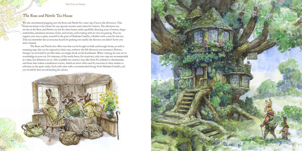 Sample spread for the Rose and Nettle Tea House in Gwelf: The Survival Guide. 